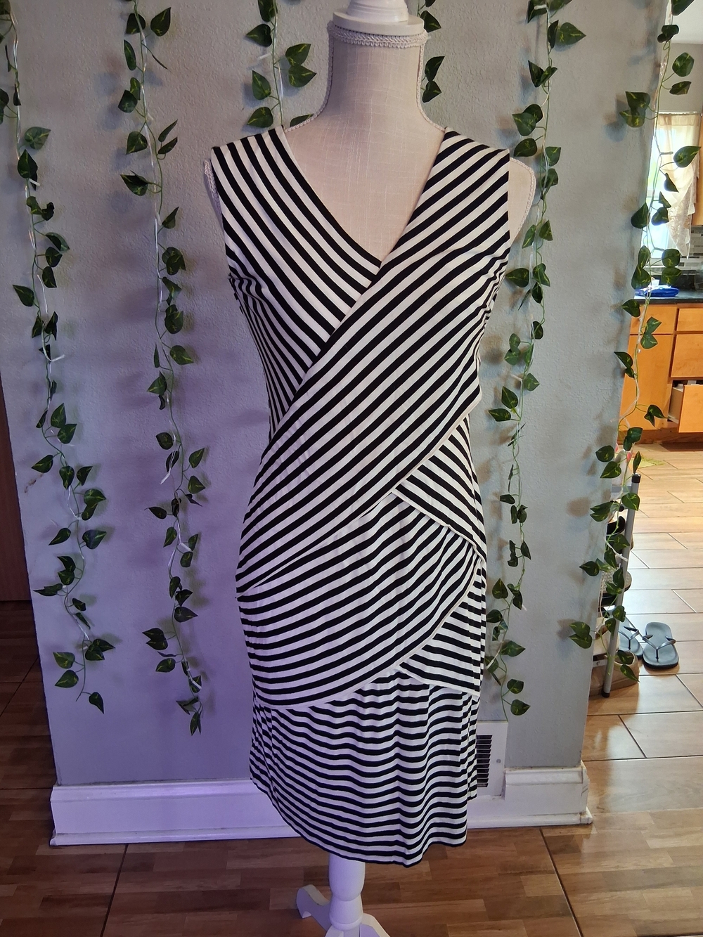 Calvin Klein Black and White Striped Sleeveless Midi Dress